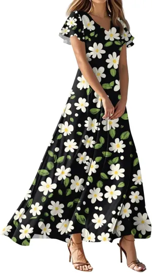 ZEFOTIM Long Dresses for Women Curvy Floral Dress Short Sleeve V Neck Dresses