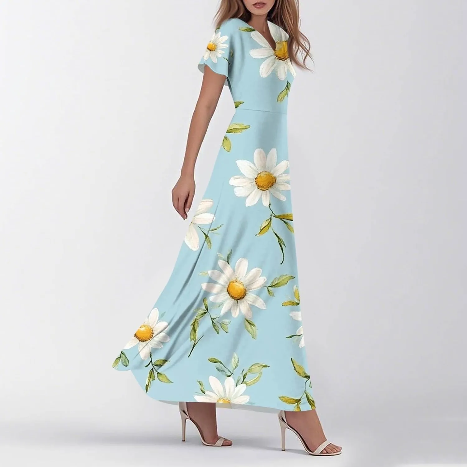 ZEFOTIM Long Dresses for Women Curvy Floral Dress Short Sleeve V Neck Dresses