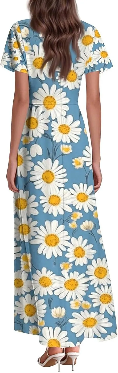 ZEFOTIM Long Dresses for Women Cute Floral Dress Short Sleeve V Neck Dresses