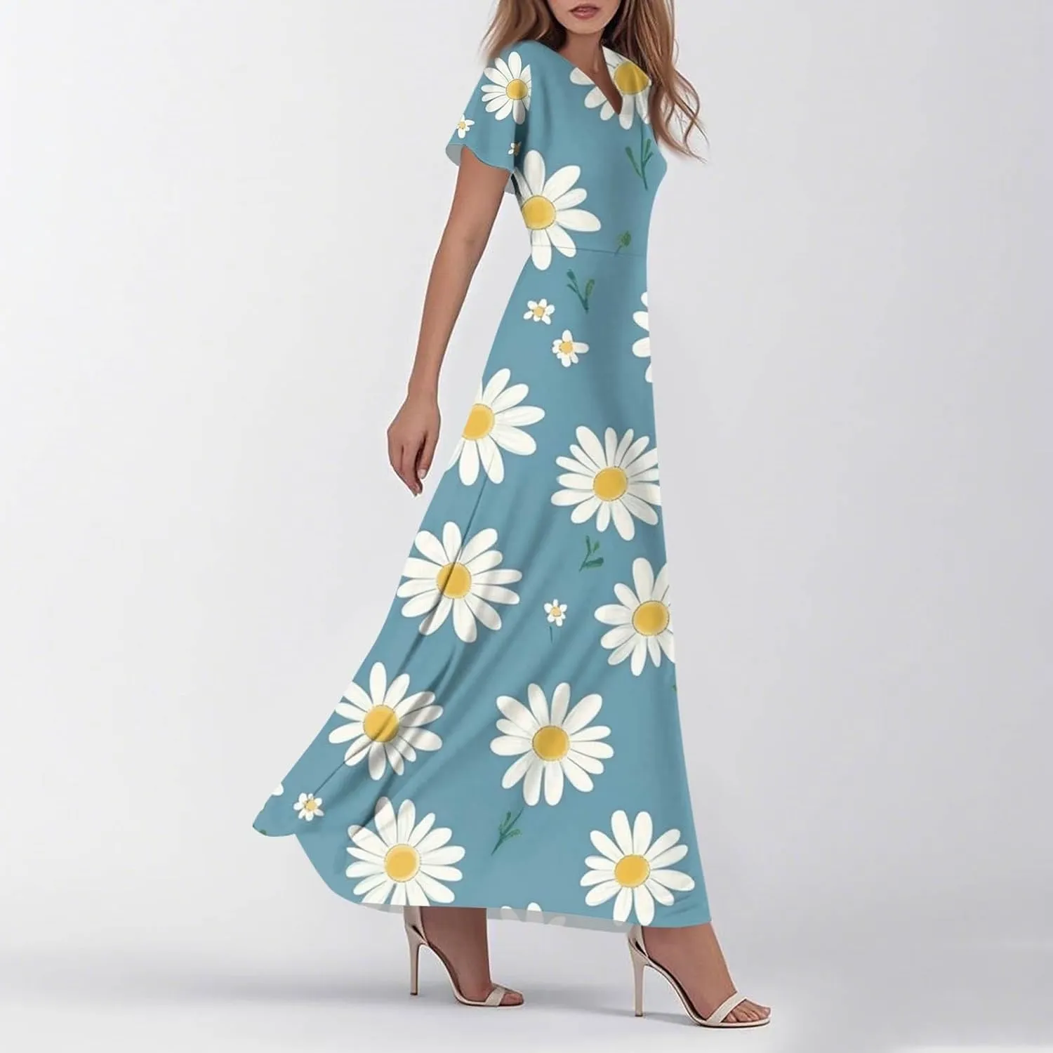 ZEFOTIM Long Dresses for Women Cute Floral Dress Short Sleeve V Neck Dresses