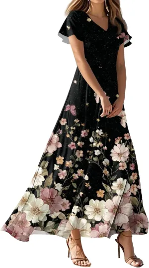 ZEFOTIM Long Dresses for Women Cute Floral Dress Short Sleeve V Neck Dresses