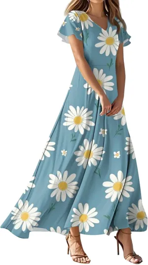 ZEFOTIM Long Dresses for Women Cute Floral Dress Short Sleeve V Neck Dresses