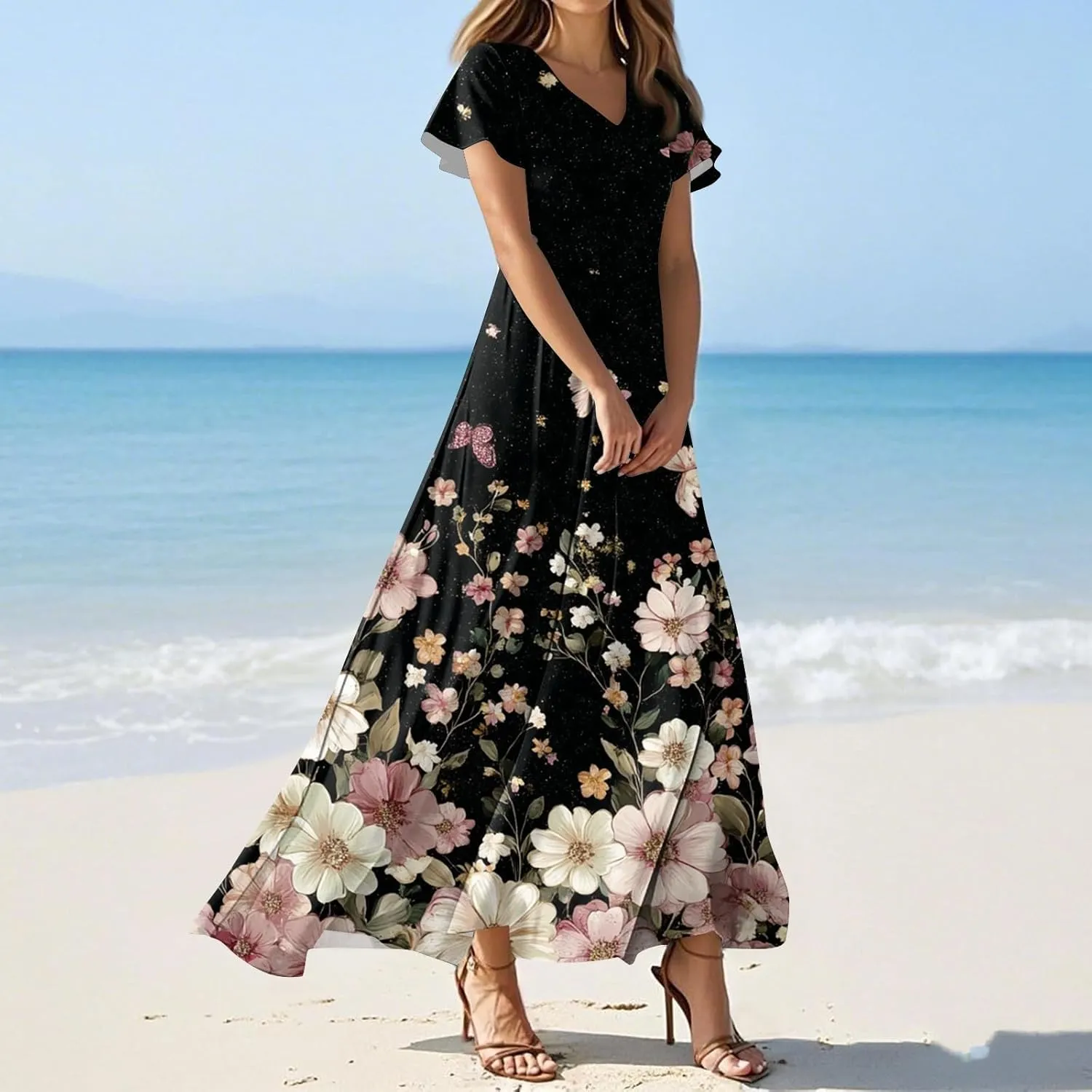 ZEFOTIM Long Dresses for Women Cute Floral Dress Short Sleeve V Neck Dresses
