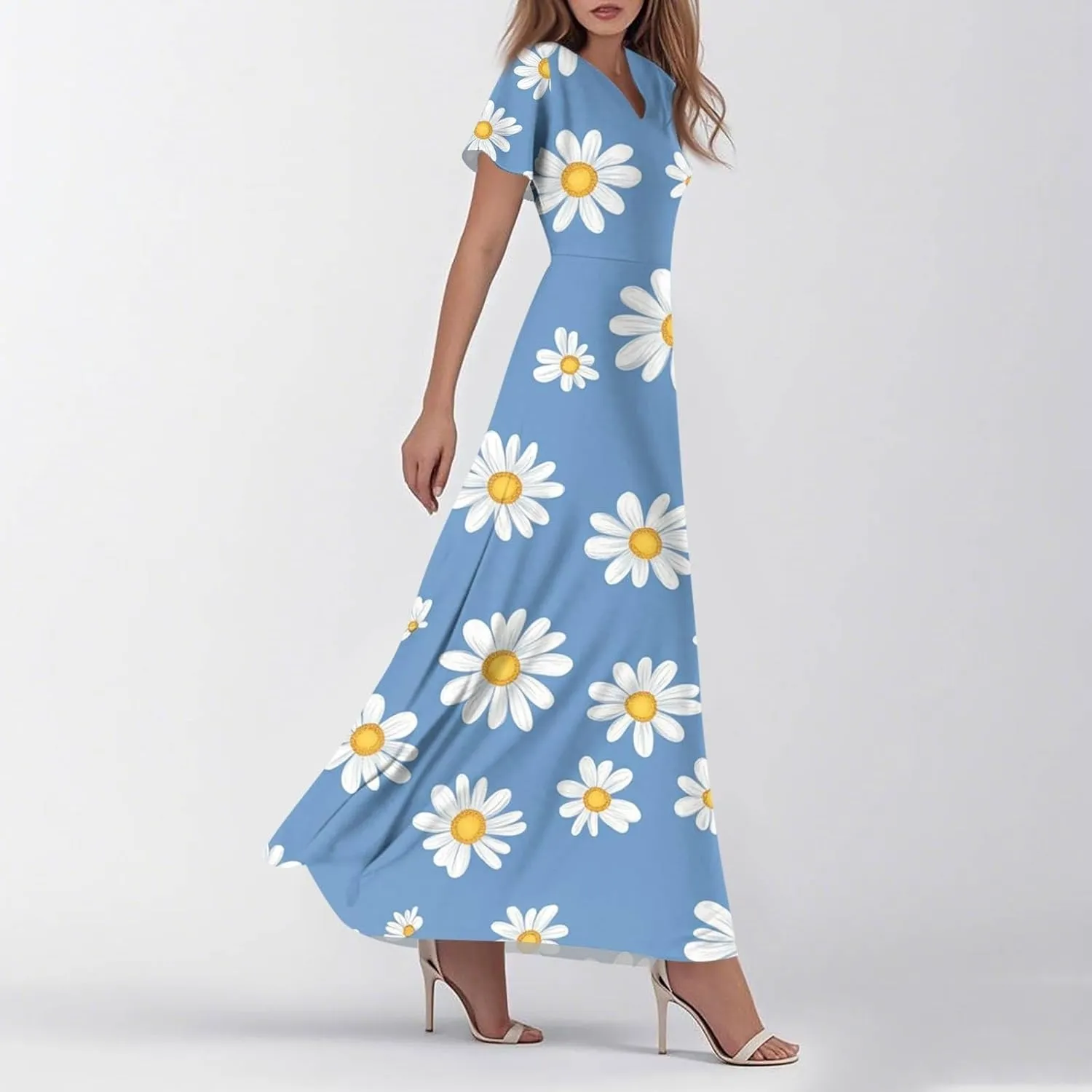ZEFOTIM Long Dresses for Women Cute Floral Dress Short Sleeve V Neck Dresses