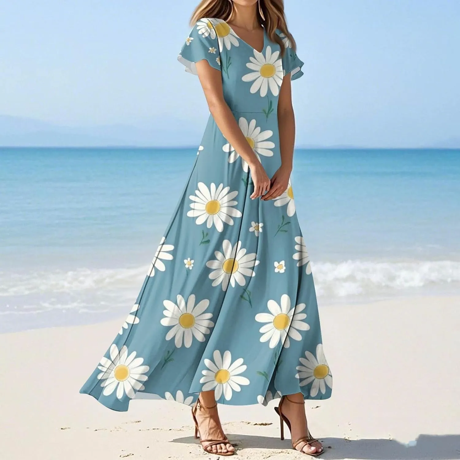 ZEFOTIM Long Dresses for Women Cute Floral Dress Short Sleeve V Neck Dresses