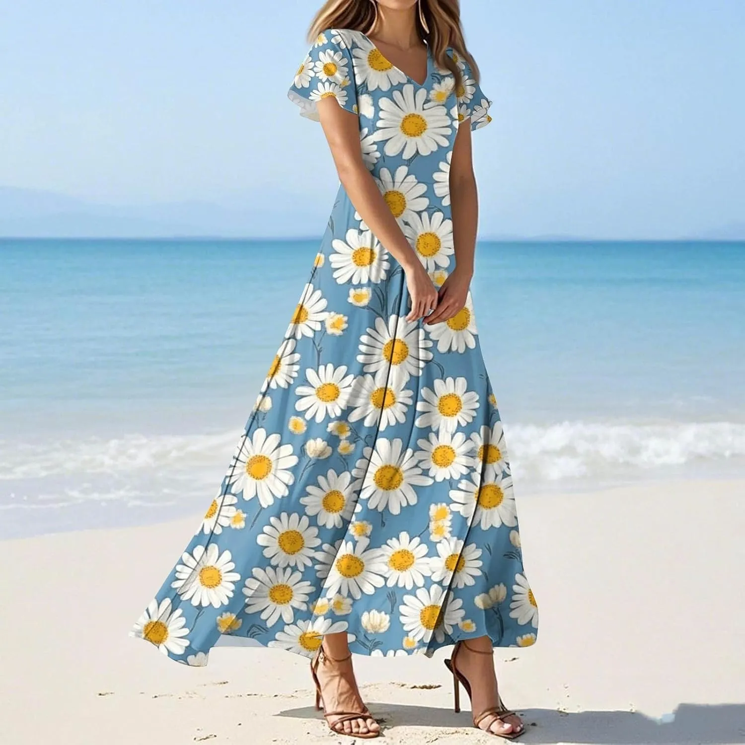 ZEFOTIM Long Dresses for Women Cute Floral Dress Short Sleeve V Neck Dresses