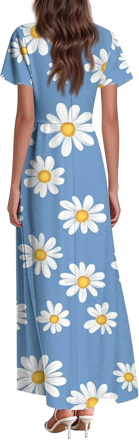 ZEFOTIM Long Dresses for Women Cute Floral Dress Short Sleeve V Neck Dresses