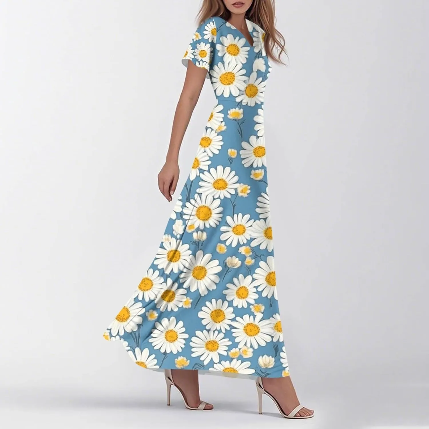 ZEFOTIM Long Dresses for Women Cute Floral Dress Short Sleeve V Neck Dresses