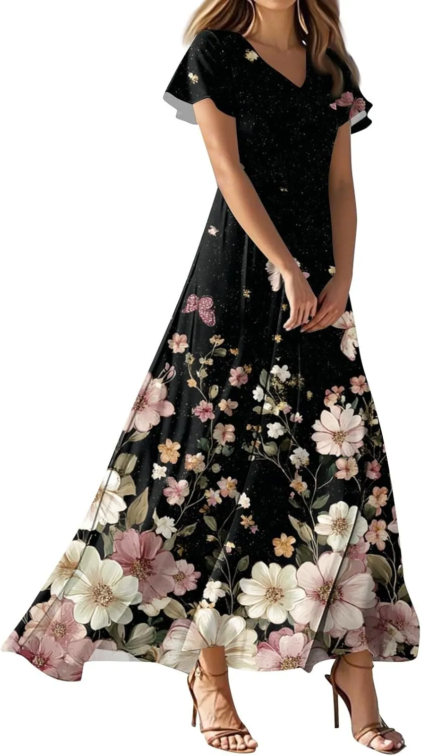 ZEFOTIM Long Dresses for Women Cute Floral Dress Short Sleeve V Neck Dresses