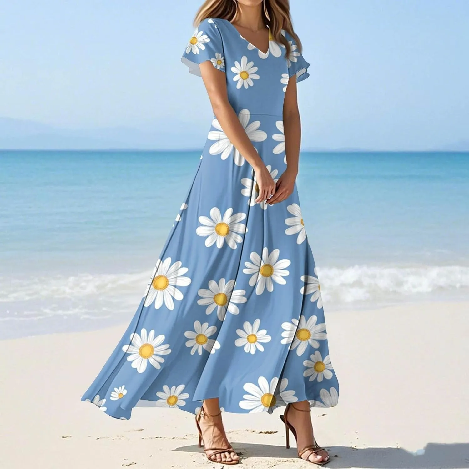 ZEFOTIM Long Dresses for Women Cute Floral Dress Short Sleeve V Neck Dresses