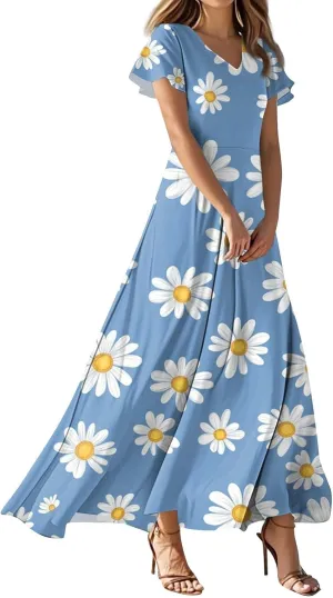 ZEFOTIM Long Dresses for Women Cute Floral Dress Short Sleeve V Neck Dresses