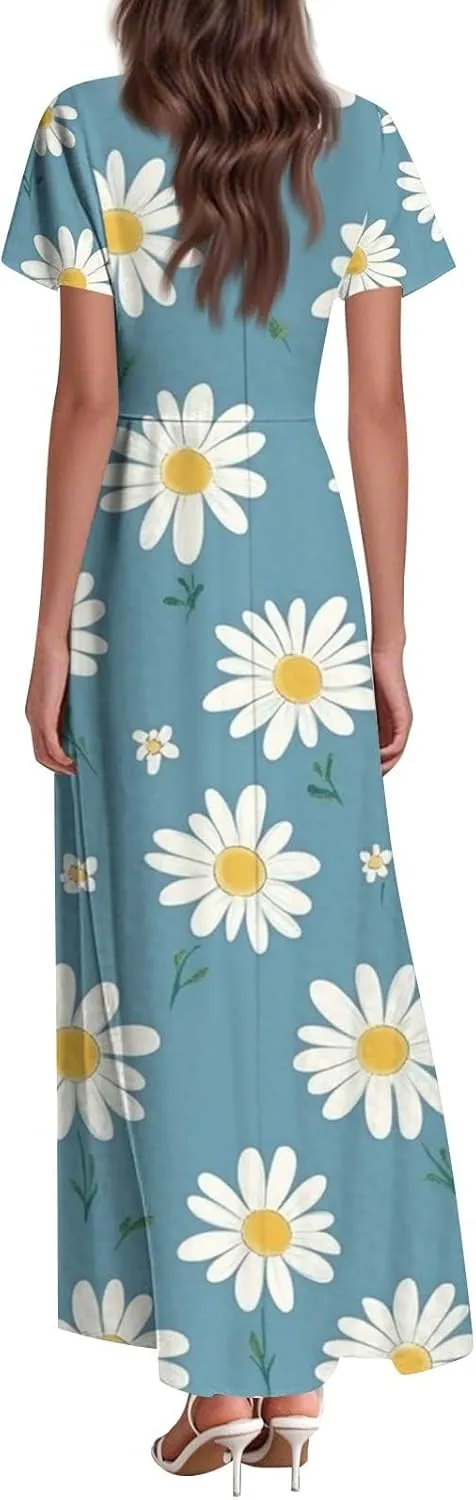 ZEFOTIM Long Dresses for Women Cute Floral Dress Short Sleeve V Neck Dresses