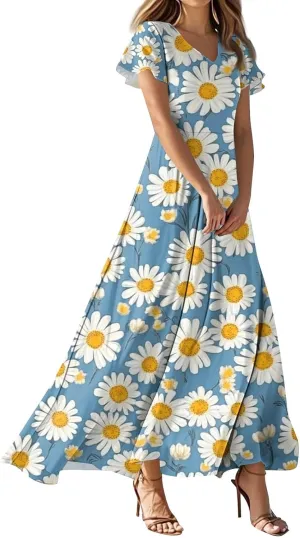 ZEFOTIM Long Dresses for Women Cute Floral Dress Short Sleeve V Neck Dresses