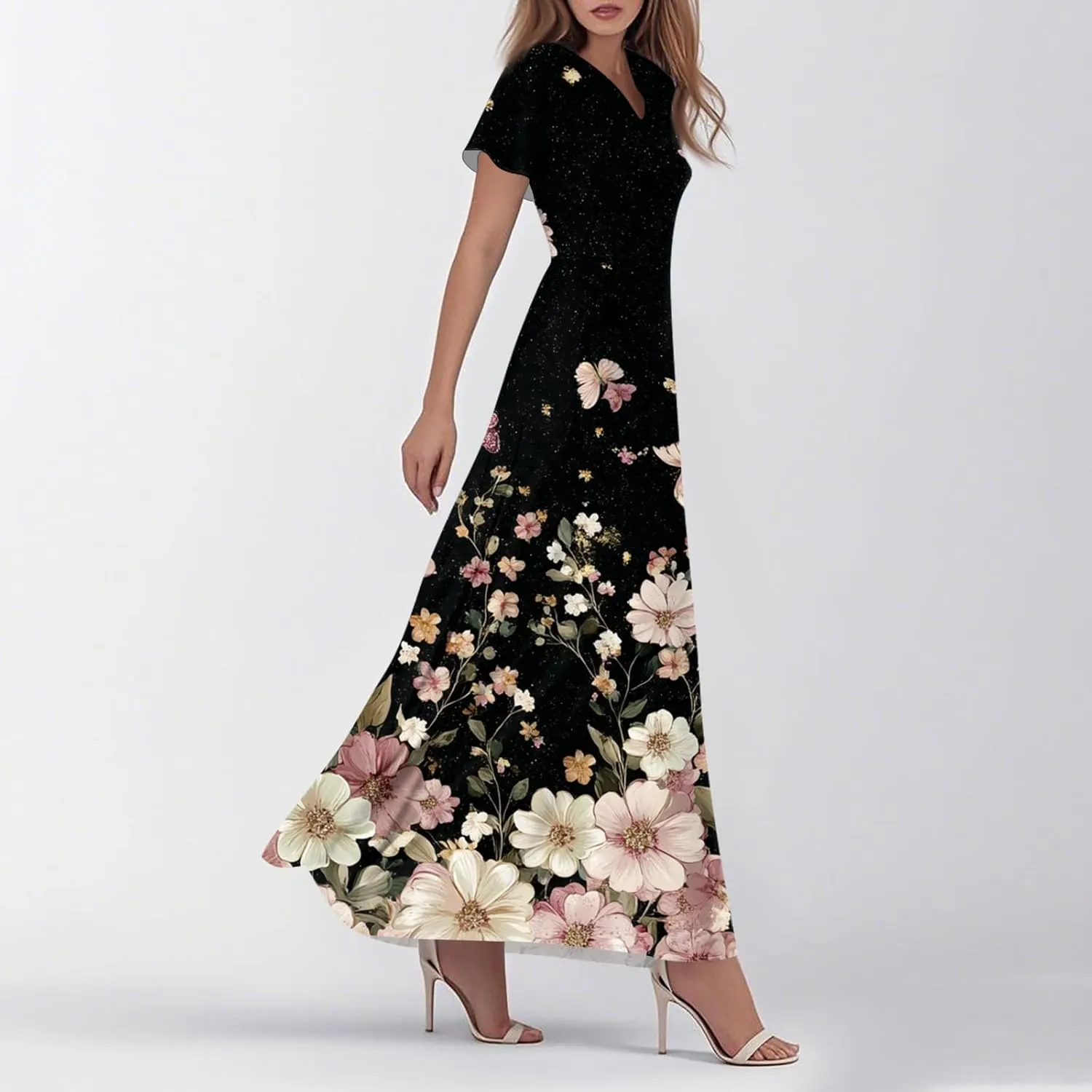ZEFOTIM Long Dresses for Women Cute Floral Dress Short Sleeve V Neck Dresses