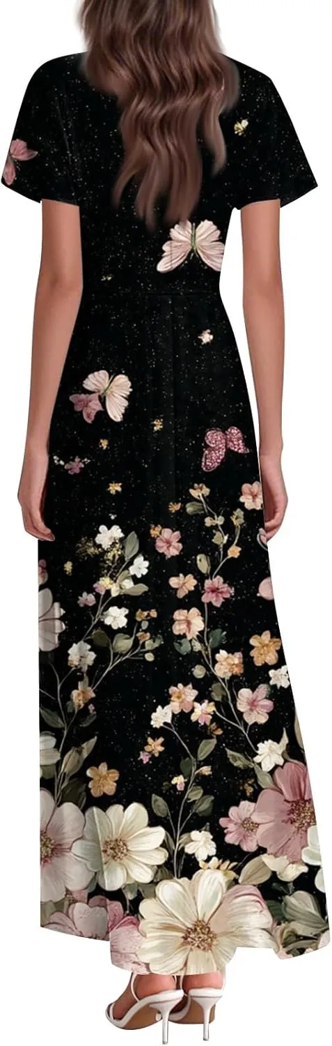 ZEFOTIM Long Dresses for Women Cute Floral Dress Short Sleeve V Neck Dresses