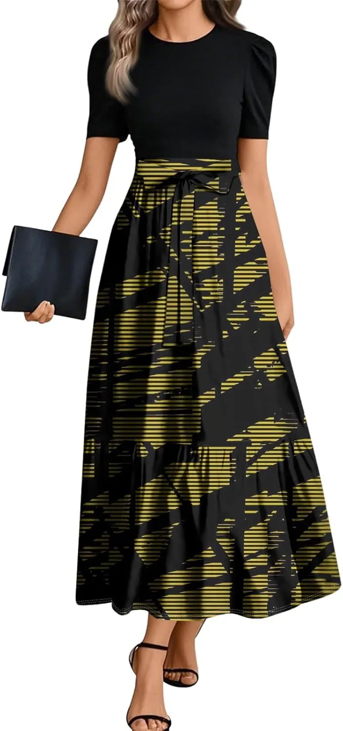 ZEFOTIM Long Dresses for Women Fashion Geometric Dress Short Sleeve Crew Neck Dresses with Belt