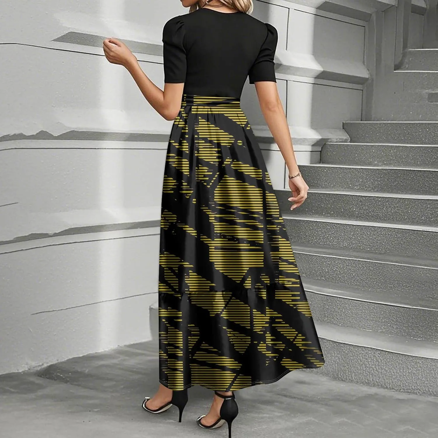 ZEFOTIM Long Dresses for Women Fashion Geometric Dress Short Sleeve Crew Neck Dresses with Belt