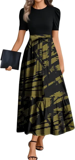 ZEFOTIM Long Dresses for Women Fashion Geometric Dress Short Sleeve Crew Neck Dresses with Belt
