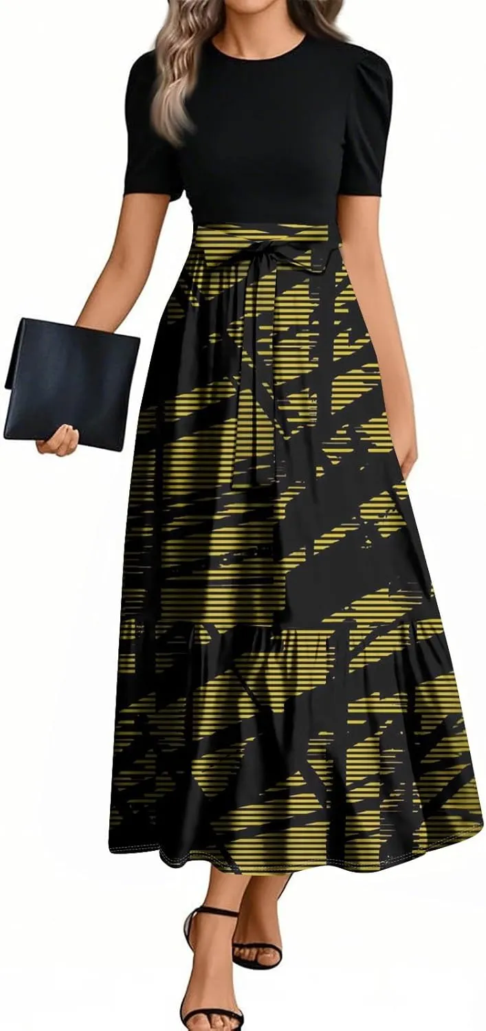 ZEFOTIM Long Dresses for Women Fashion Geometric Dress Short Sleeve Crew Neck Dresses with Belt