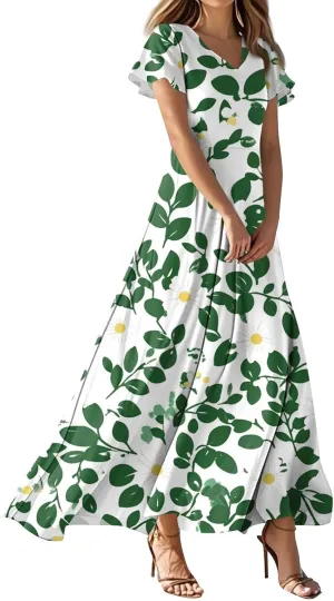 ZEFOTIM Long Dresses for Women Work Floral Dress Short Sleeve V Neck Dresses