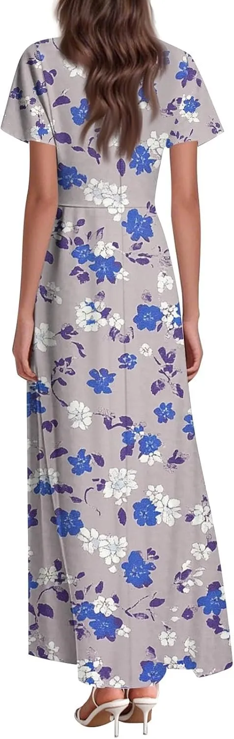 ZEFOTIM Long Dresses for Women Work Floral Dress Short Sleeve V Neck Dresses