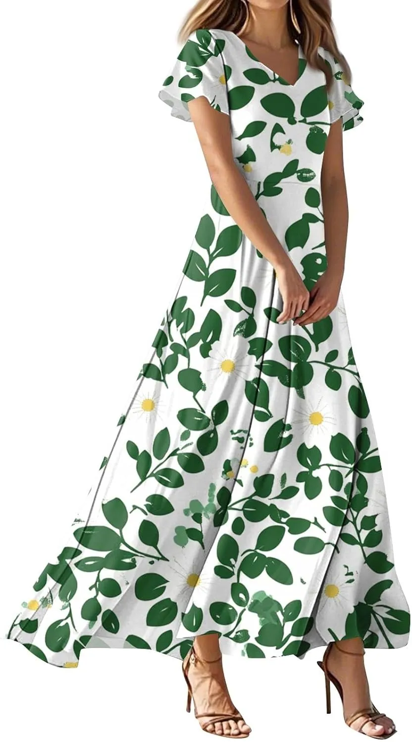 ZEFOTIM Long Dresses for Women Work Floral Dress Short Sleeve V Neck Dresses
