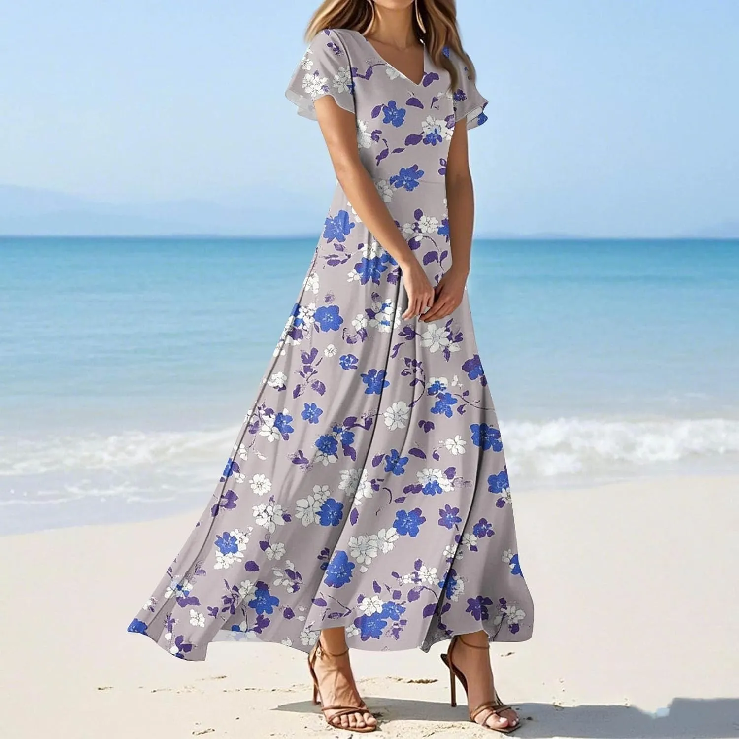 ZEFOTIM Long Dresses for Women Work Floral Dress Short Sleeve V Neck Dresses