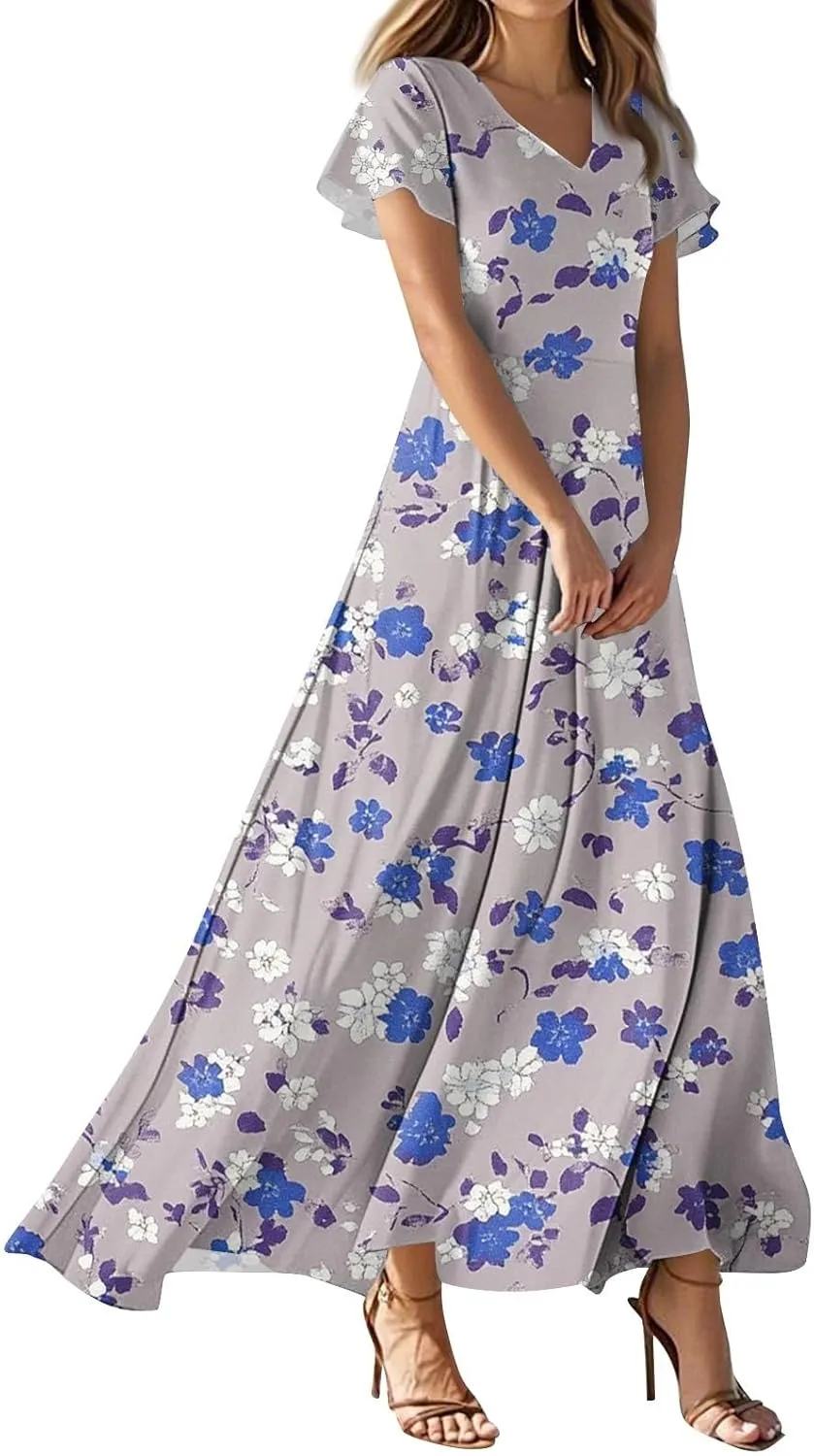 ZEFOTIM Long Dresses for Women Work Floral Dress Short Sleeve V Neck Dresses