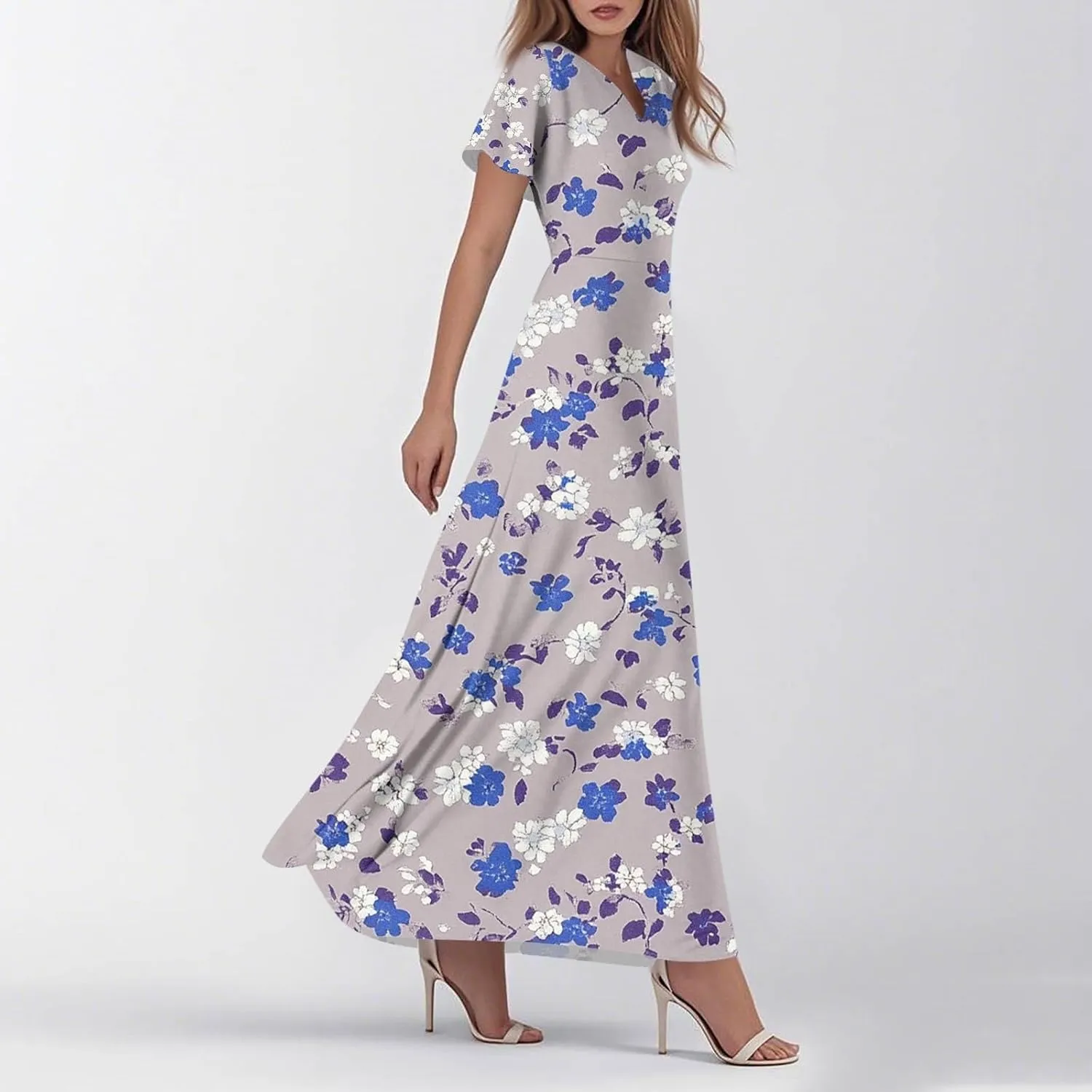 ZEFOTIM Long Dresses for Women Work Floral Dress Short Sleeve V Neck Dresses