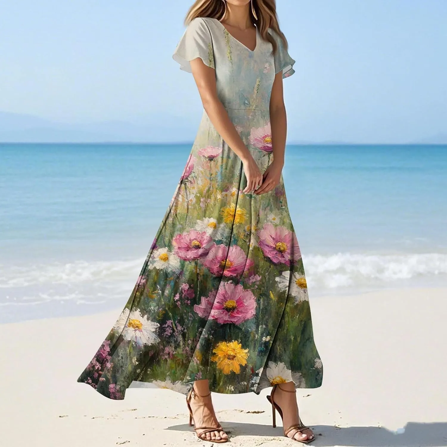 ZEFOTIM Long Flowy Dresses for Women Curvy Floral Dress Short Sleeve V Neck Dresses