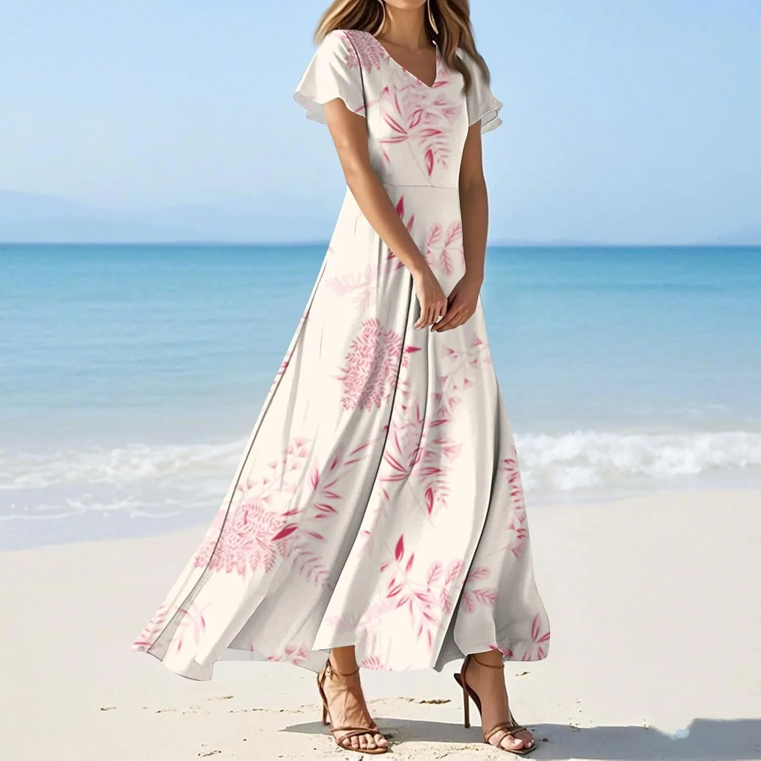 ZEFOTIM Long Flowy Dresses for Women Curvy Floral Dress Short Sleeve V Neck Dresses