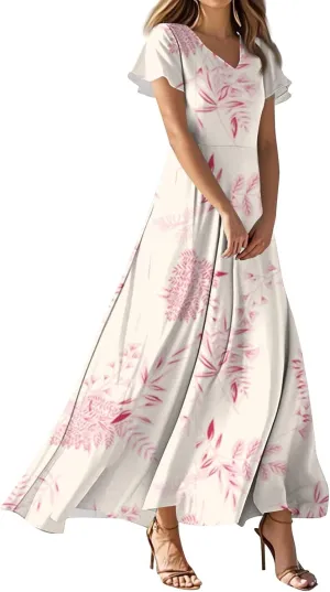 ZEFOTIM Long Flowy Dresses for Women Curvy Floral Dress Short Sleeve V Neck Dresses