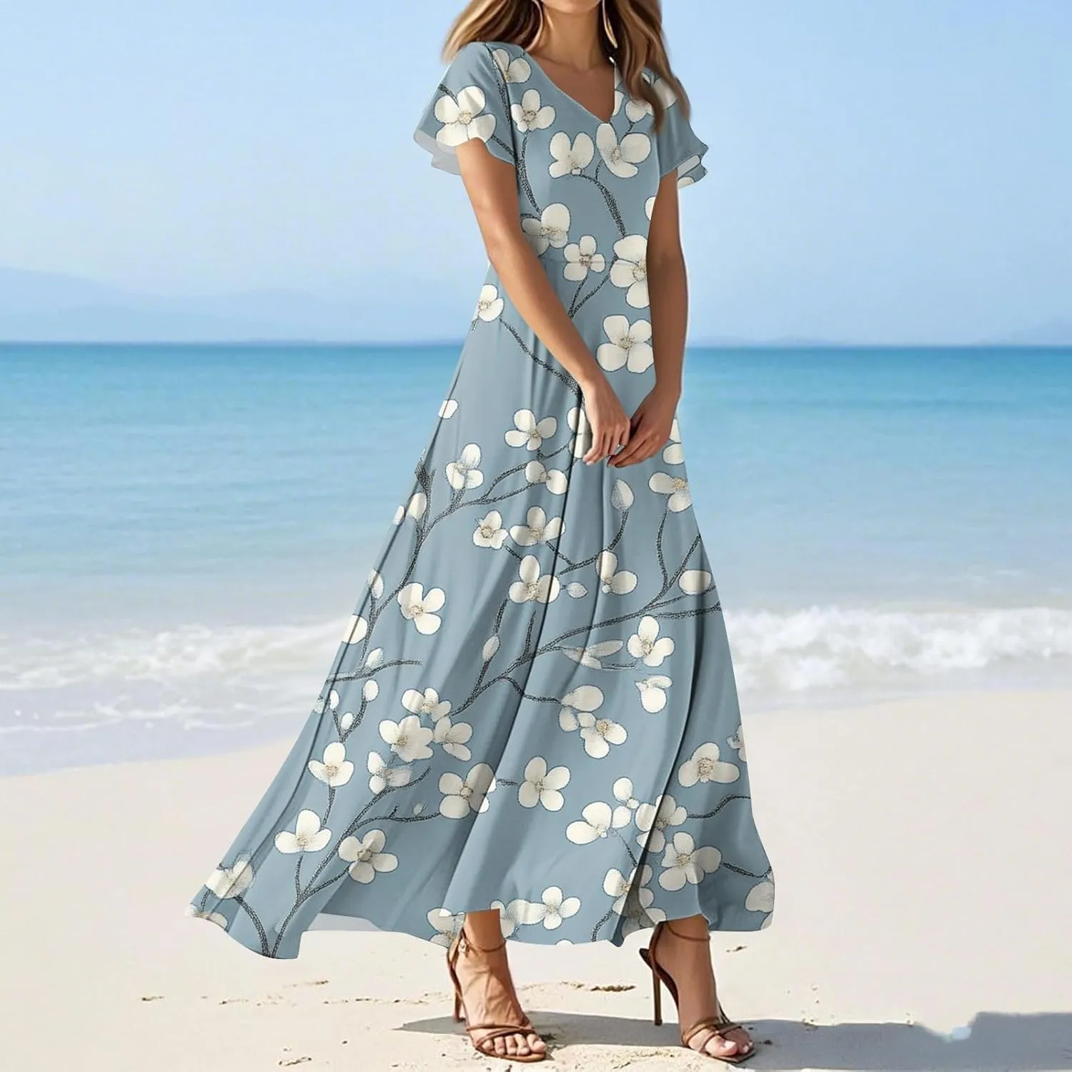 ZEFOTIM Long Flowy Dresses for Women Curvy Floral Dress Short Sleeve V Neck Dresses