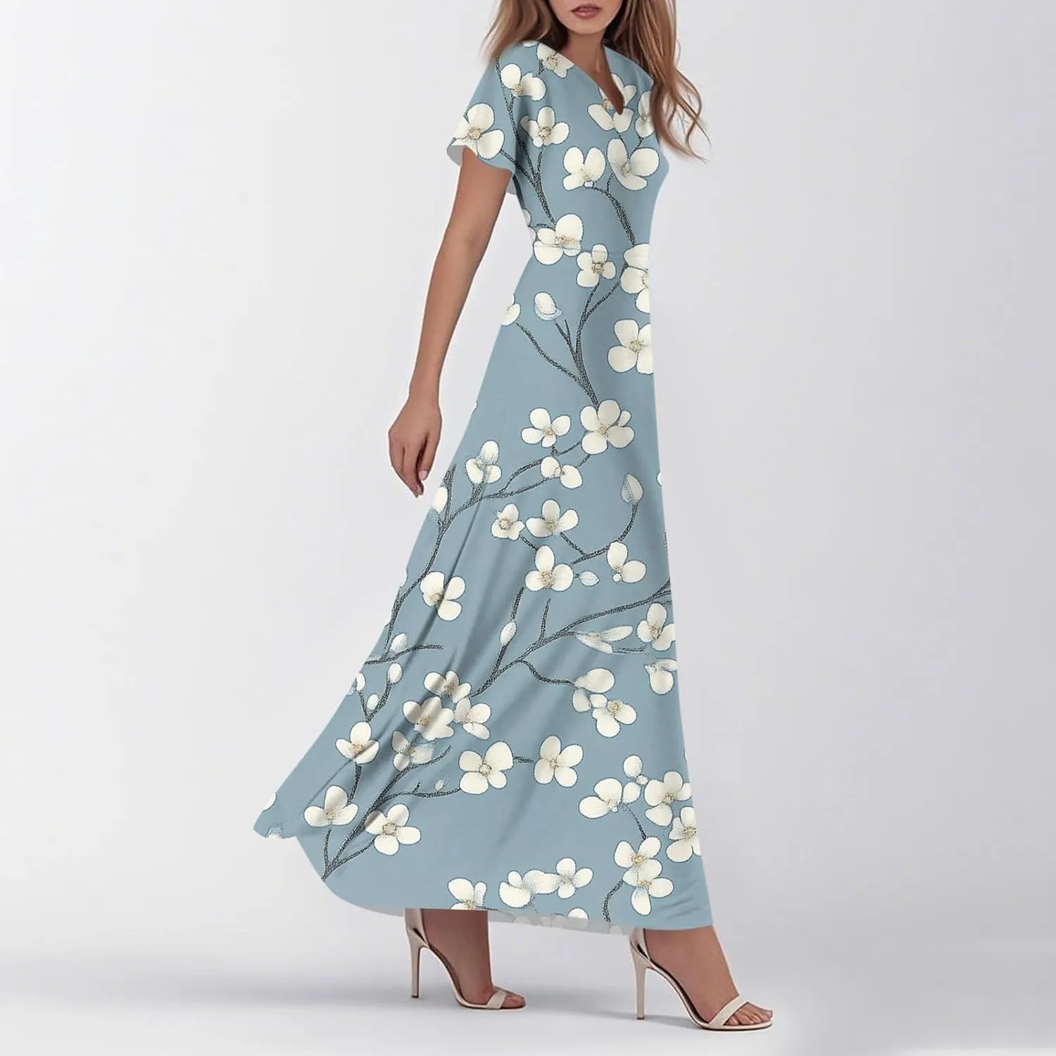 ZEFOTIM Long Flowy Dresses for Women Curvy Floral Dress Short Sleeve V Neck Dresses