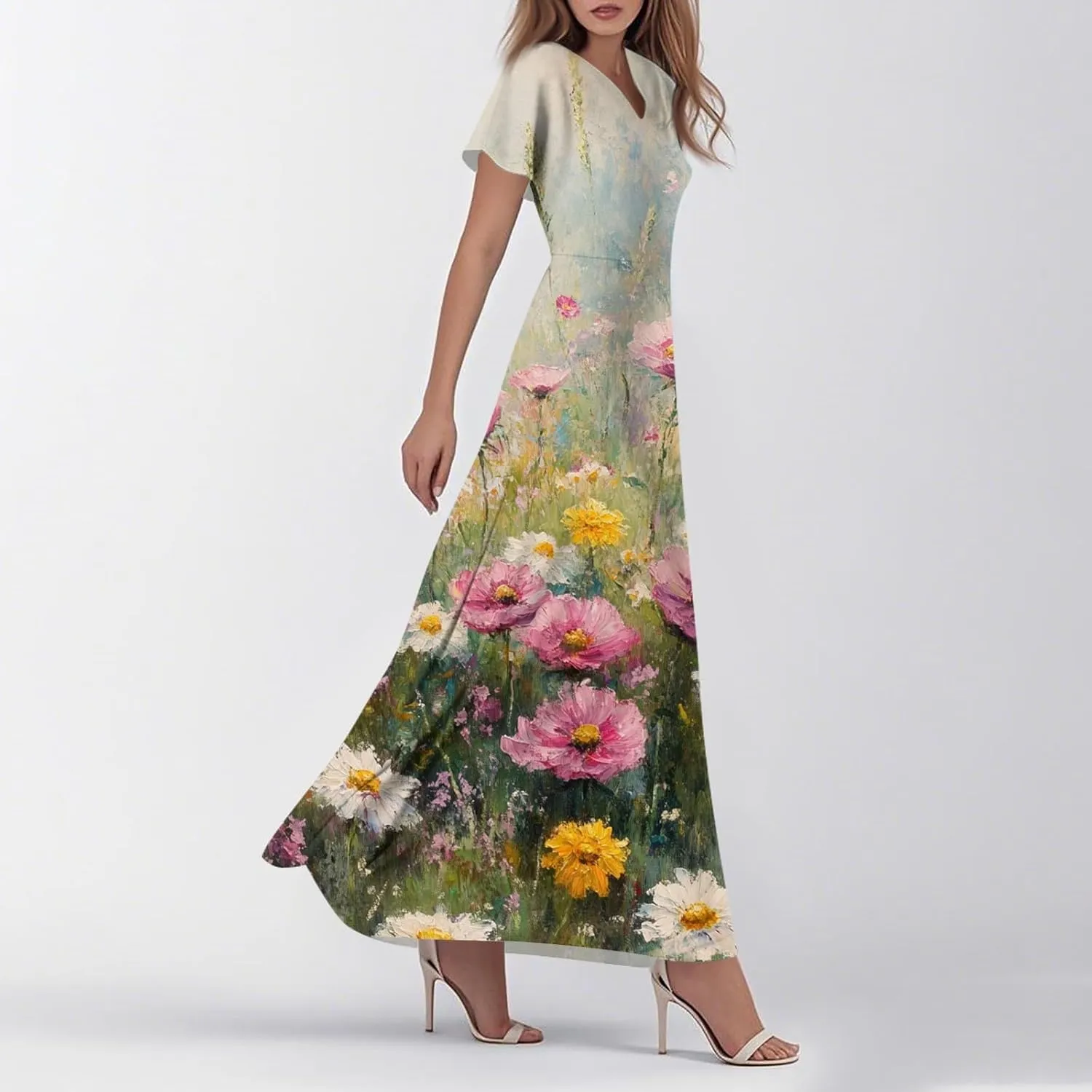 ZEFOTIM Long Flowy Dresses for Women Curvy Floral Dress Short Sleeve V Neck Dresses