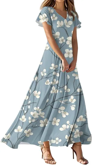 ZEFOTIM Long Flowy Dresses for Women Curvy Floral Dress Short Sleeve V Neck Dresses