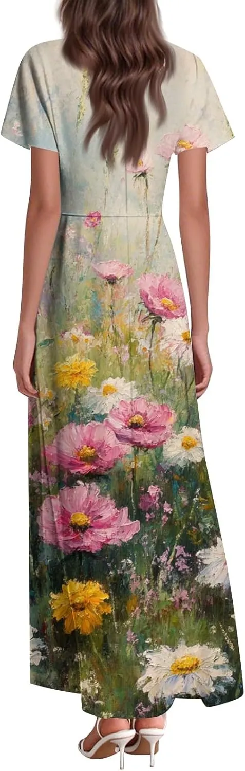ZEFOTIM Long Flowy Dresses for Women Curvy Floral Dress Short Sleeve V Neck Dresses