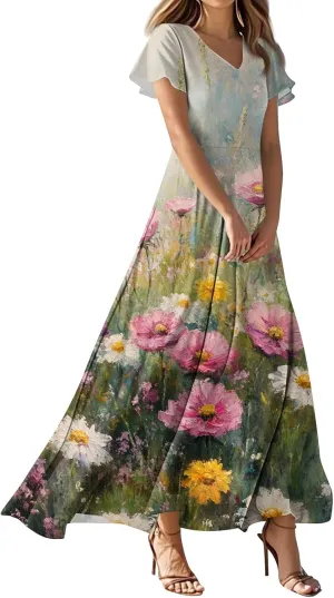 ZEFOTIM Long Flowy Dresses for Women Curvy Floral Dress Short Sleeve V Neck Dresses