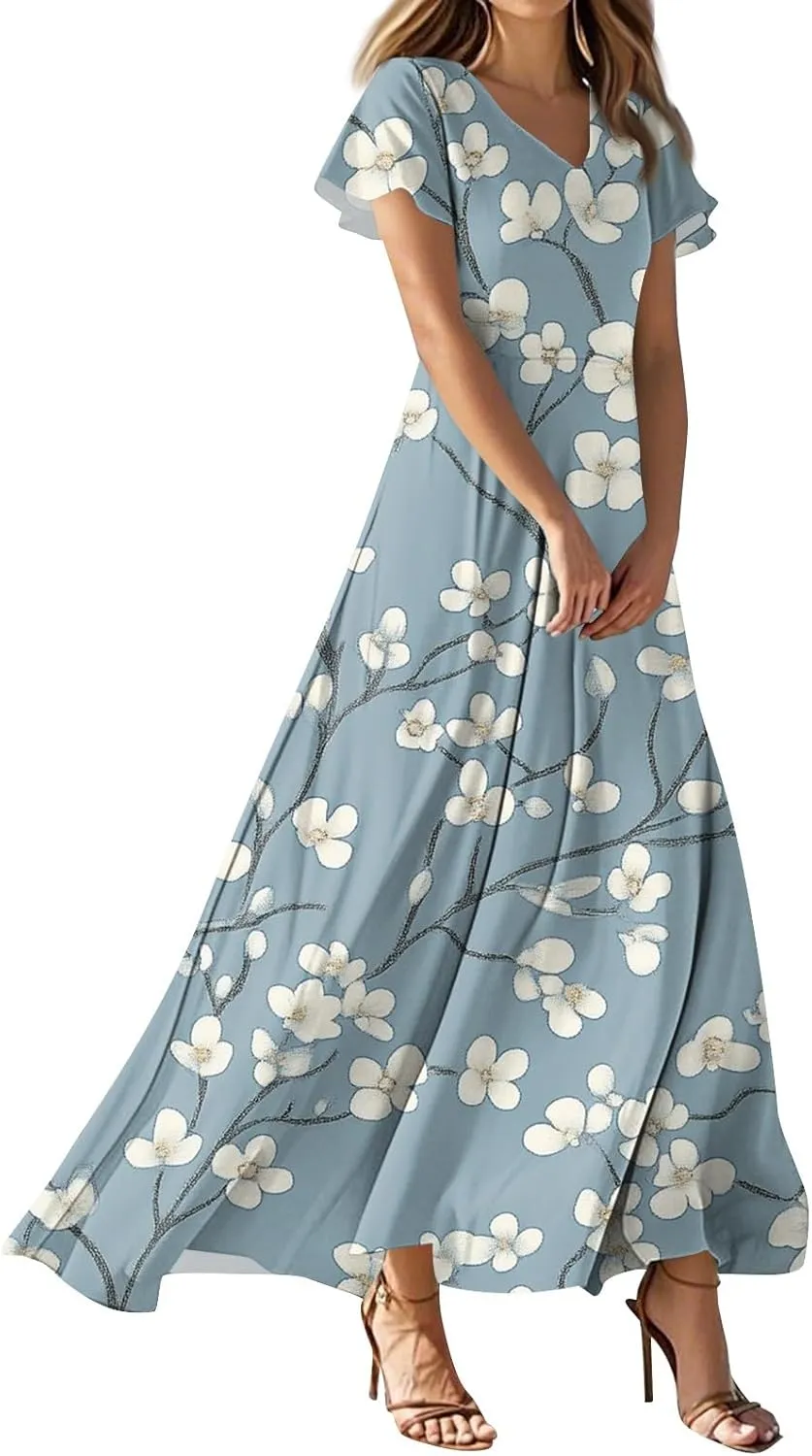 ZEFOTIM Long Flowy Dresses for Women Curvy Floral Dress Short Sleeve V Neck Dresses