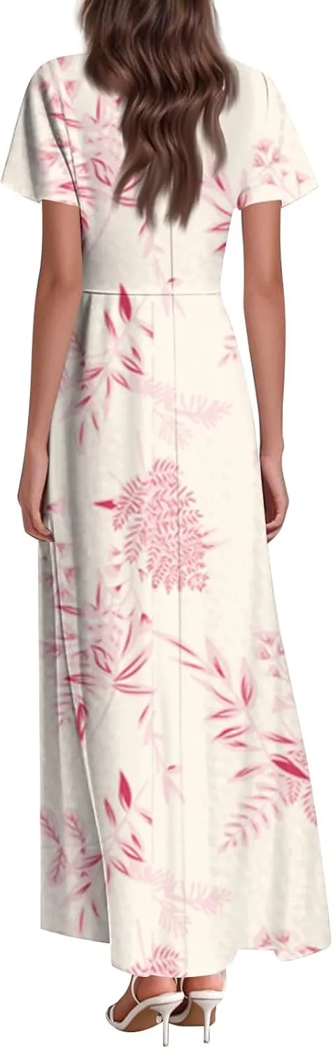 ZEFOTIM Long Flowy Dresses for Women Curvy Floral Dress Short Sleeve V Neck Dresses