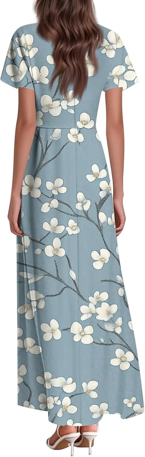 ZEFOTIM Long Flowy Dresses for Women Curvy Floral Dress Short Sleeve V Neck Dresses