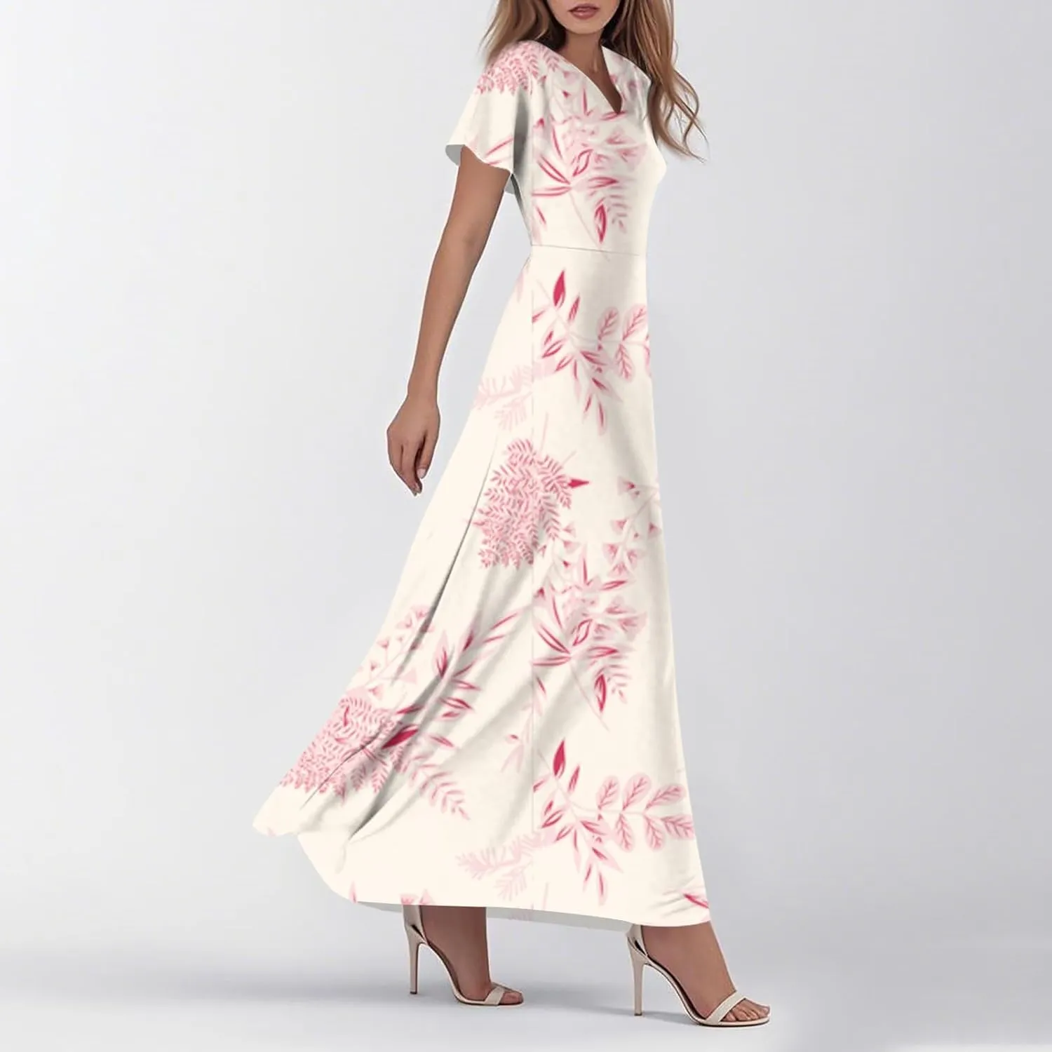 ZEFOTIM Long Flowy Dresses for Women Curvy Floral Dress Short Sleeve V Neck Dresses