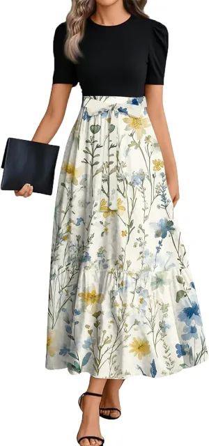 ZEFOTIM Long Flowy Dresses for Women Elegant Floral Dress Short Sleeve Crew Neck Dresses with Belt