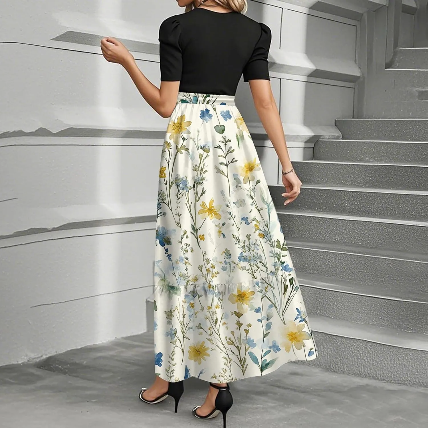 ZEFOTIM Long Flowy Dresses for Women Elegant Floral Dress Short Sleeve Crew Neck Dresses with Belt