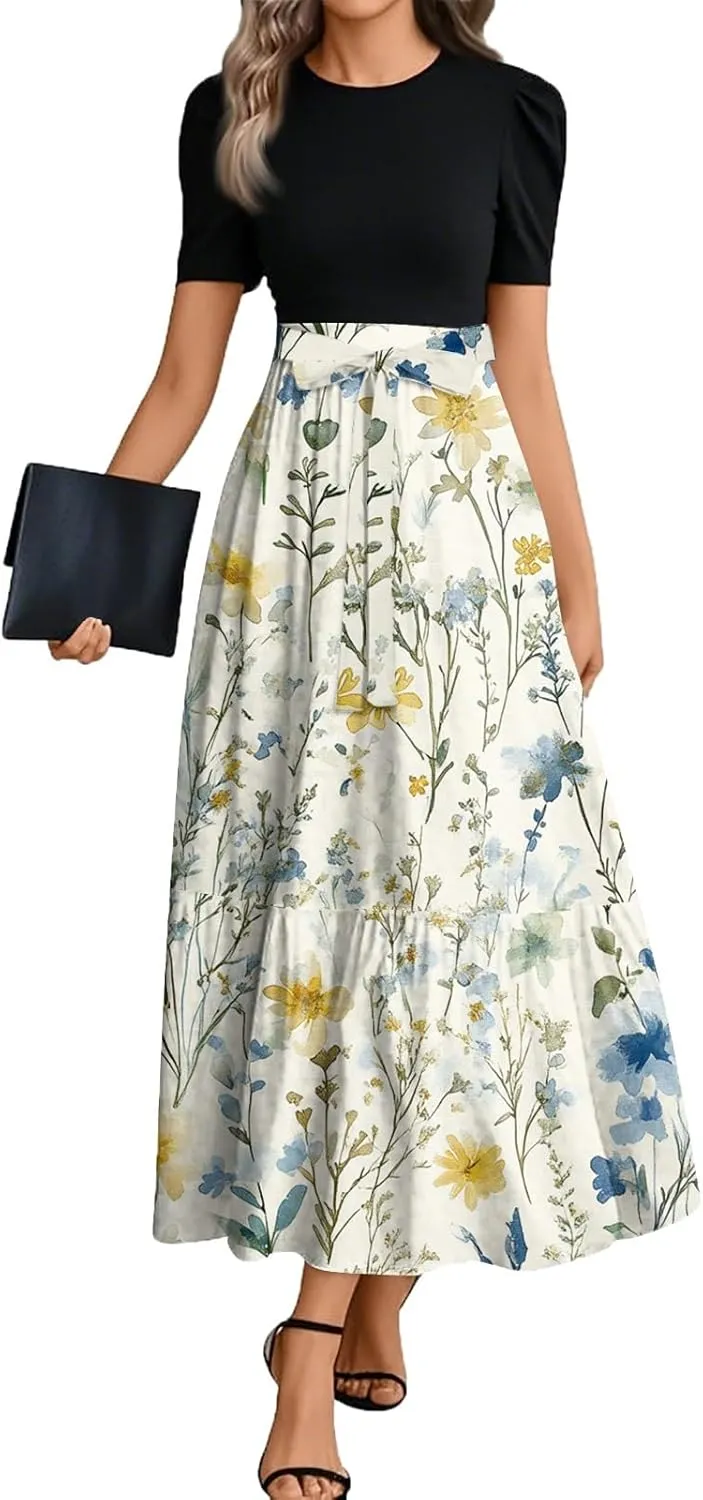 ZEFOTIM Long Flowy Dresses for Women Elegant Floral Dress Short Sleeve Crew Neck Dresses with Belt