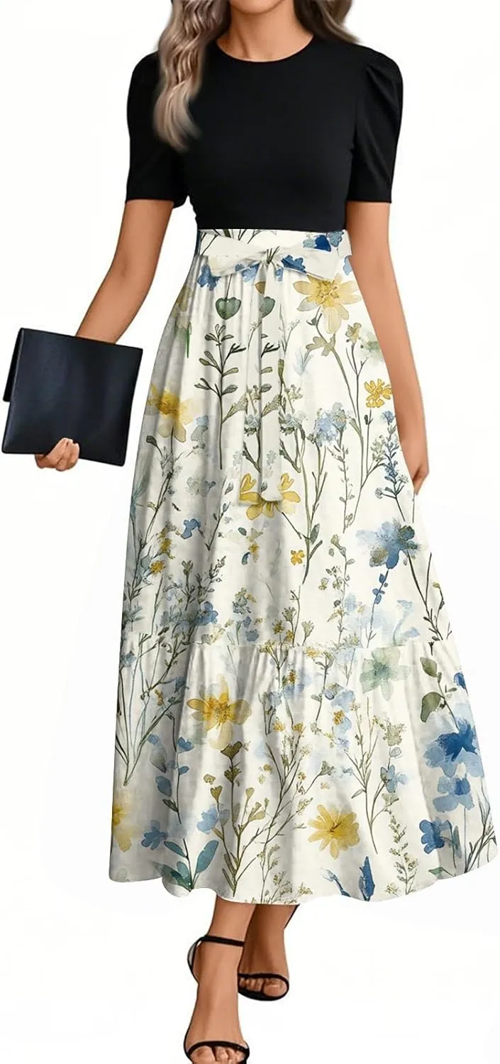 ZEFOTIM Long Flowy Dresses for Women Elegant Floral Dress Short Sleeve Crew Neck Dresses with Belt