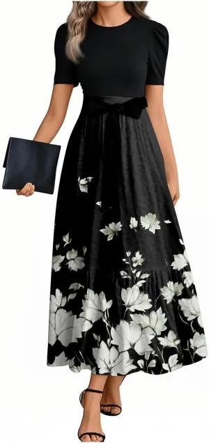ZEFOTIM Long Maxi Dresses for Women Party Floral Dress Short Sleeve Crew Neck Dresses with Belt