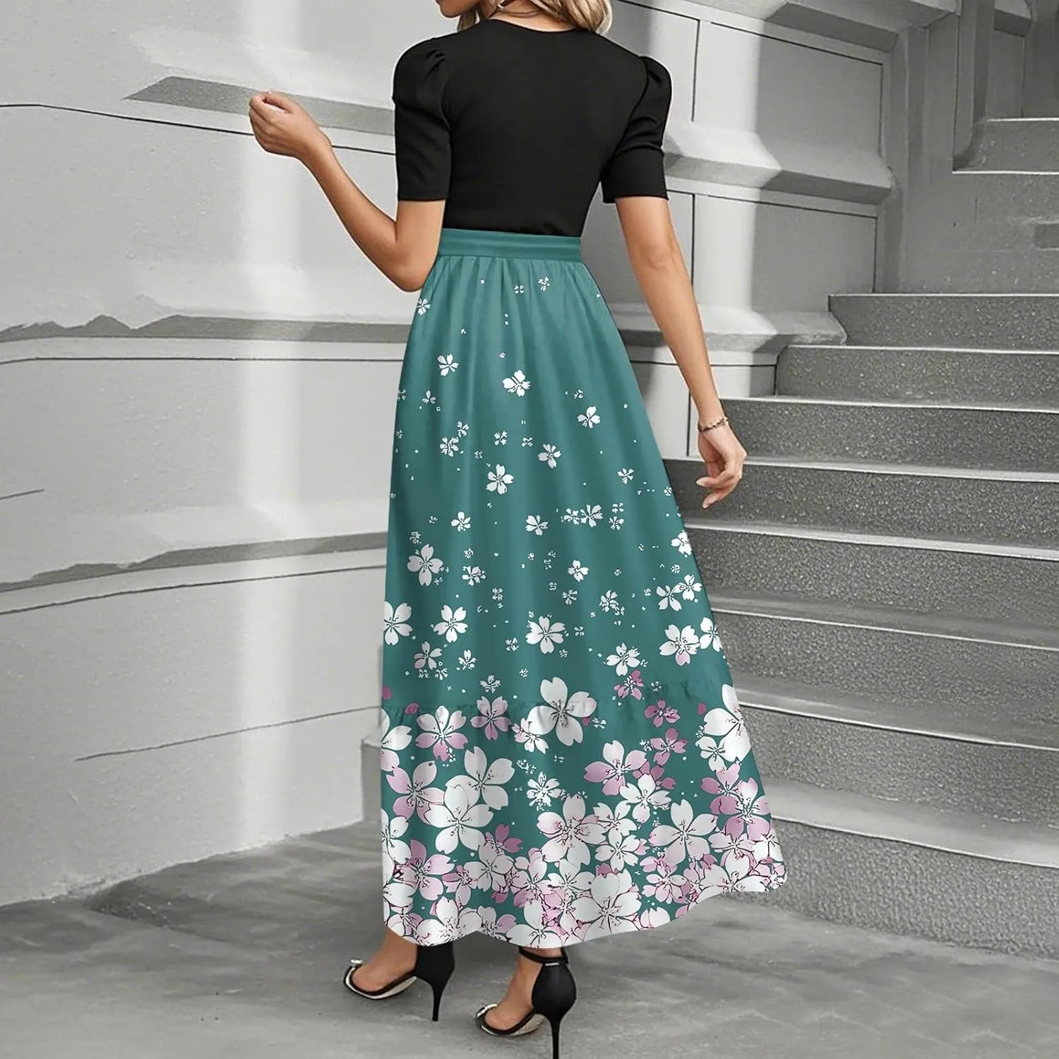 ZEFOTIM Long Maxi Dresses for Women Party Floral Dress Short Sleeve Crew Neck Dresses with Belt