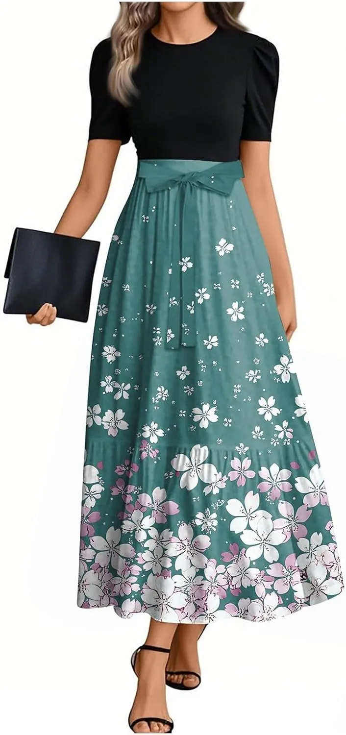 ZEFOTIM Long Maxi Dresses for Women Party Floral Dress Short Sleeve Crew Neck Dresses with Belt