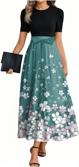 ZEFOTIM Long Maxi Dresses for Women Party Floral Dress Short Sleeve Crew Neck Dresses with Belt
